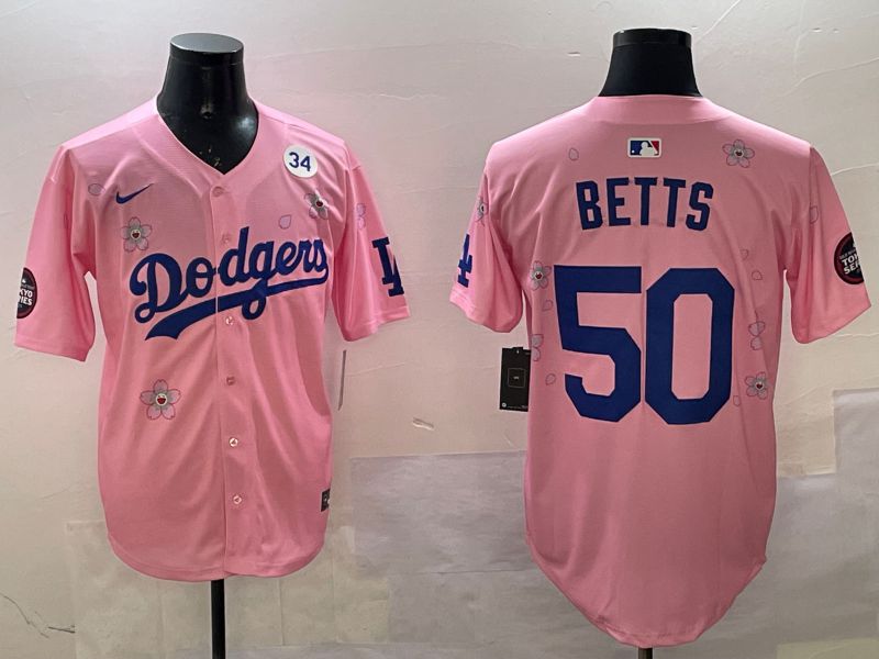 Men Los Angeles Dodgers 50 Betts Pink Sakura Edition 2025 Nike MLB Jersey style 5